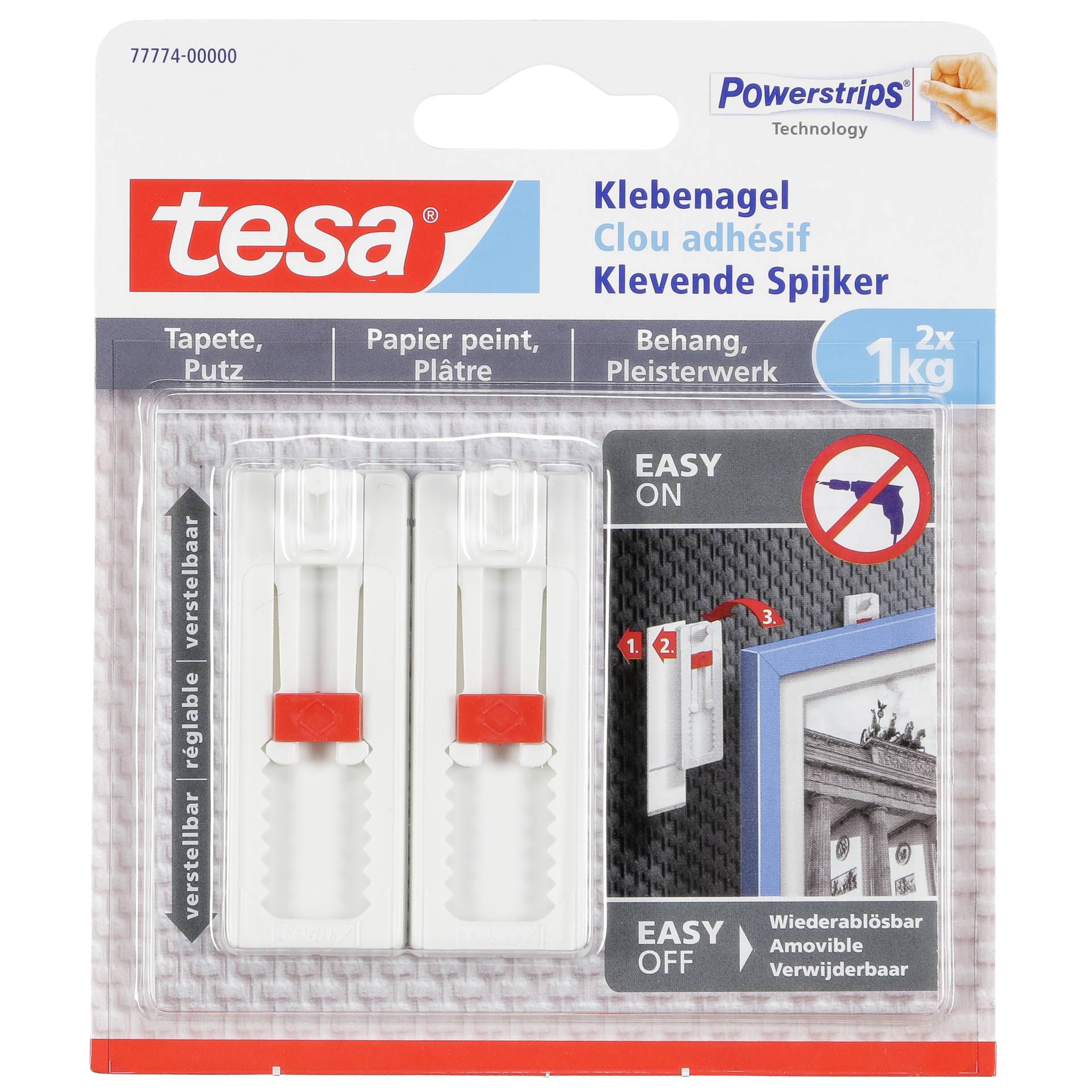 1x2 Tesa Verstellbarer Klebe- nagel für Tapeten und Putz 1 kg