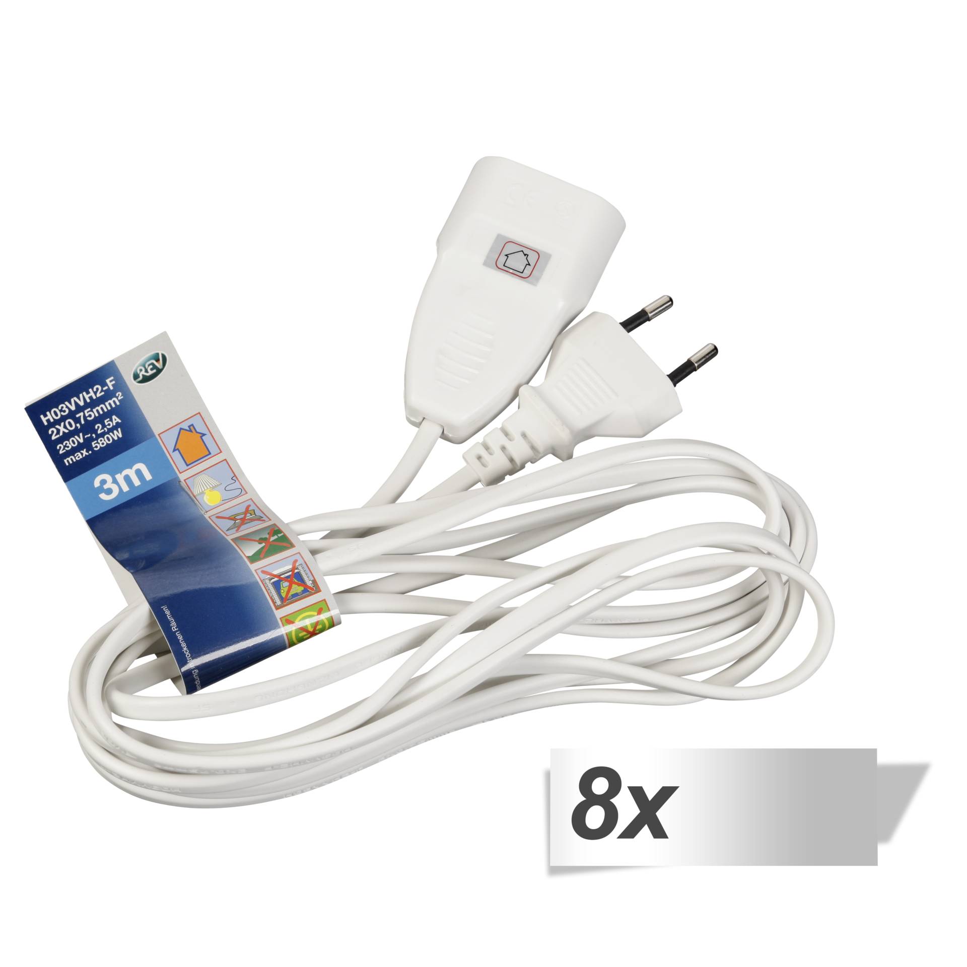 8x REV Eurostecker Verlängerung 3,0 m weiß 8x REV Eurostecker Verlängerung 3,0 m weiß