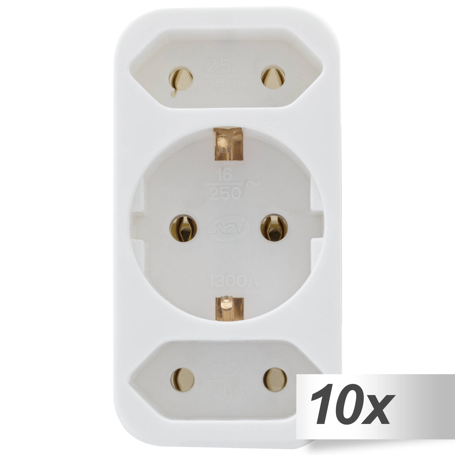 10xREV Übergangsstecker 2-fach + 1 Schutzkontakt weiss 10xREV Übergangsstecker 2-fach + 1 Schutzkontakt weiss