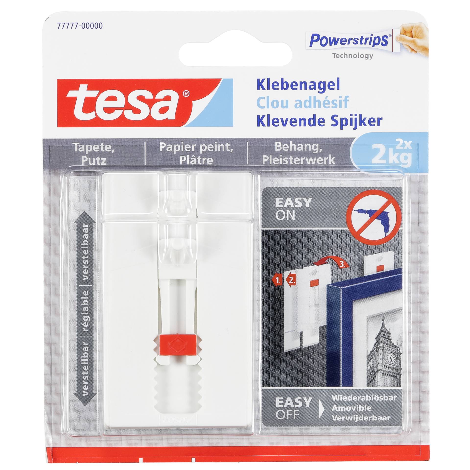 1x2 Tesa Verstellbarer Klebe- nagel für Tapeten und Putz 2 kg