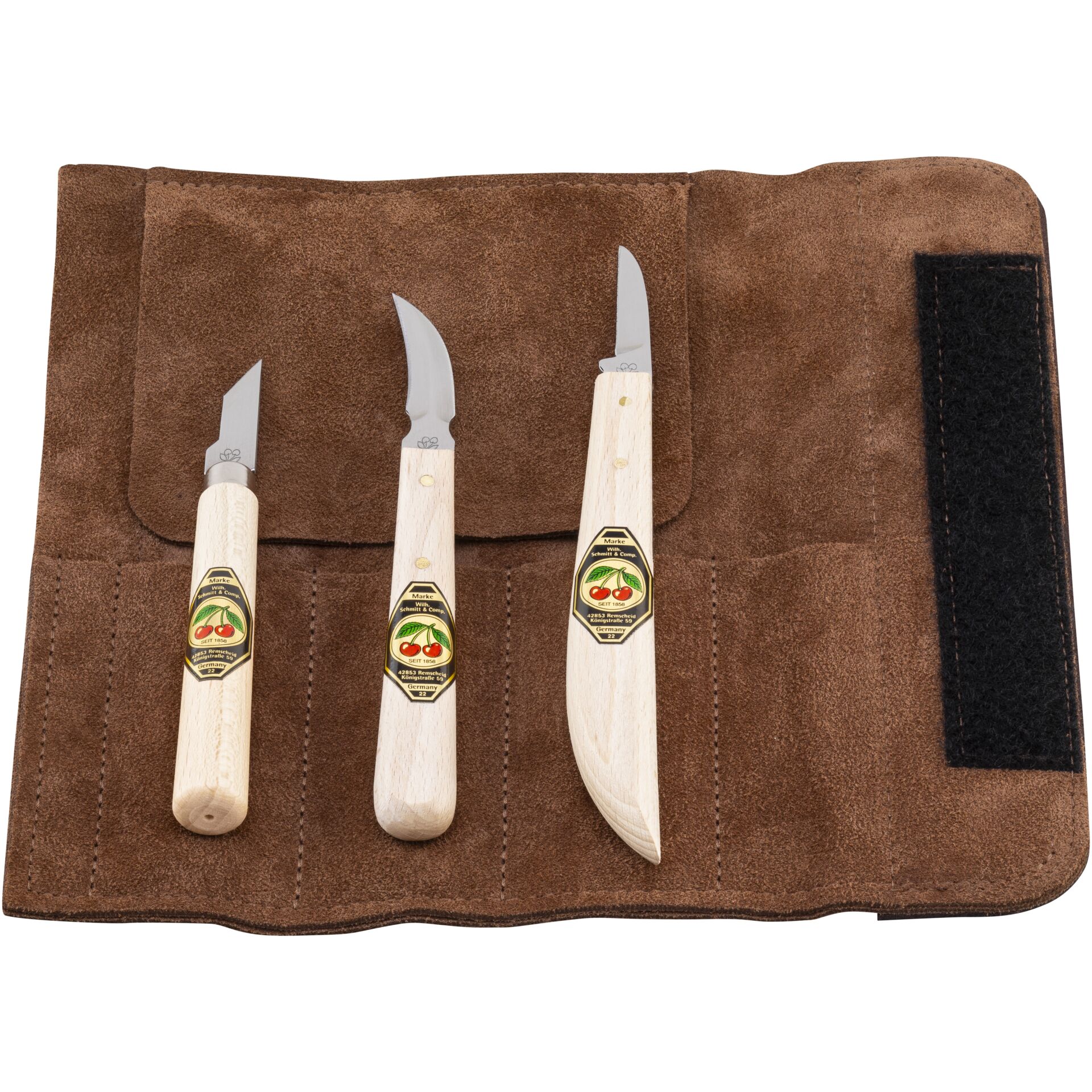 Kirschen Schnitzmessersatz in Velourleder-Rolltasche Kirschen Schnitzmessersatz in Velourleder-Rolltasche