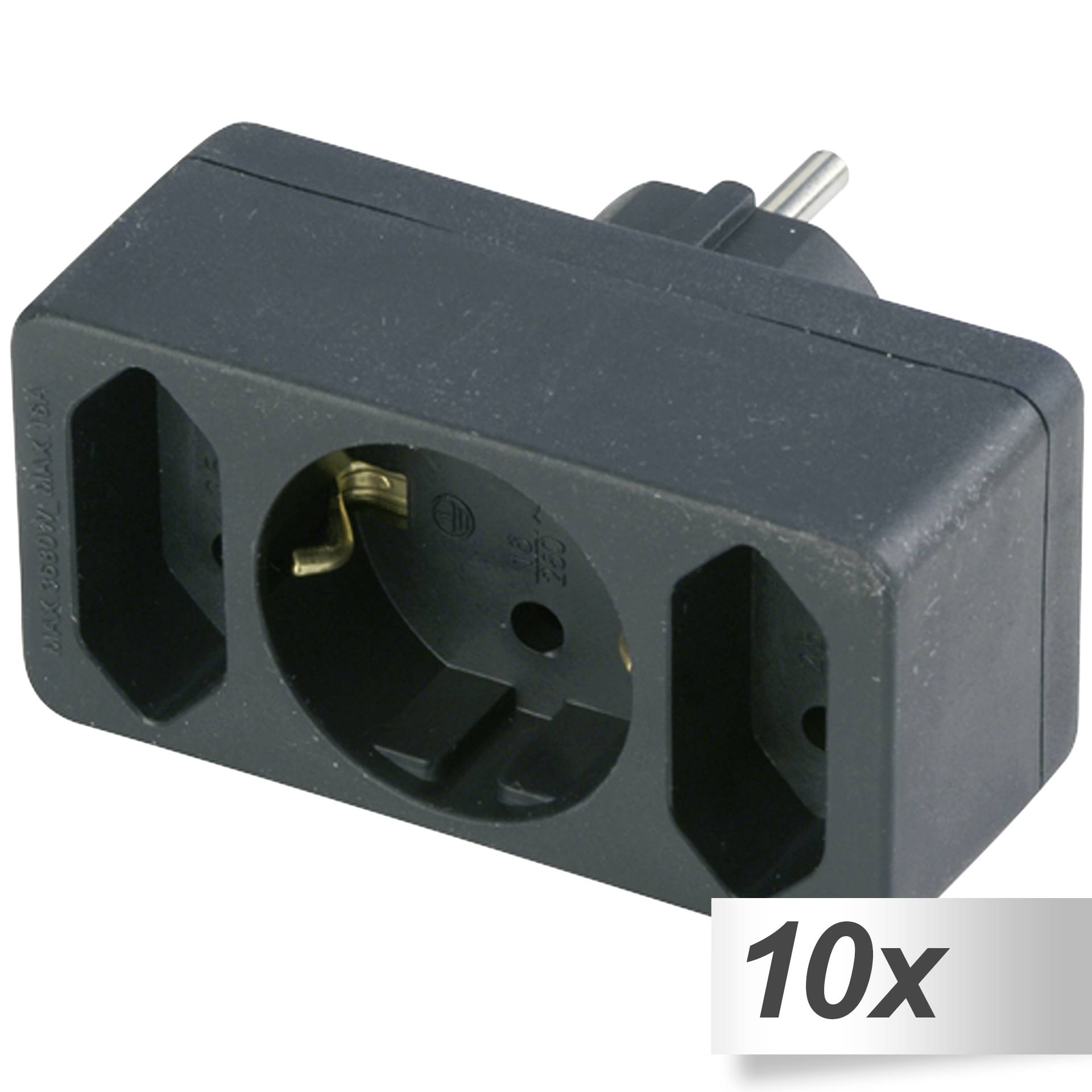 10xREV Übergangsstecker 2-fach + 1 Schutzkontakt schwarz